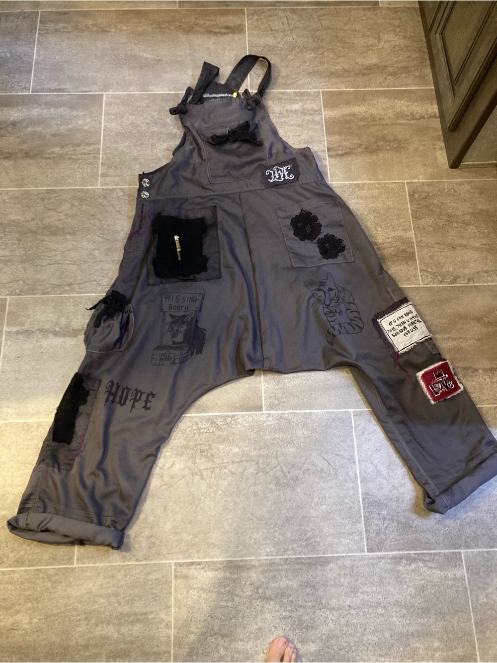“Clochard de Luxe “ Gray Patchwork Overalls with Black Accents - Picture 2 of 11
